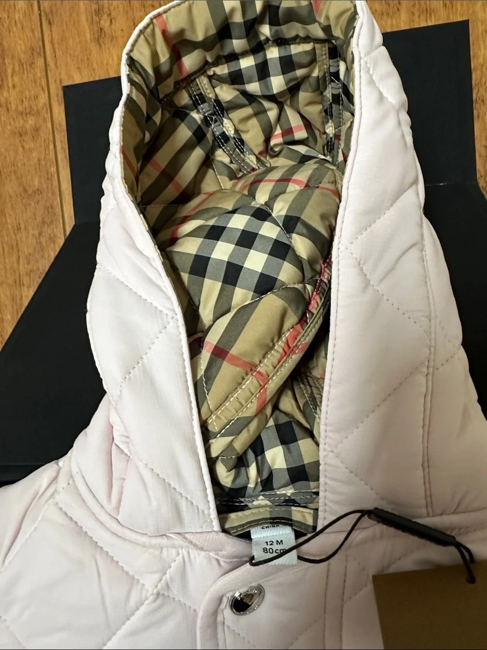Burberry Light Pink Quilted Hooded Baby Jacket with Check Lining - NWT